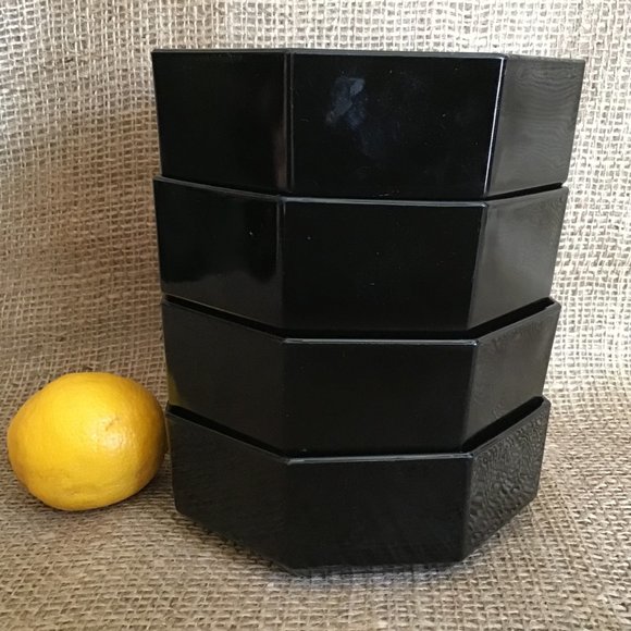 Octime Black Glass Bowls Octagonal Shape Set of 4 Vintage - Picture 2 of 3